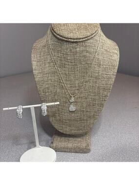 Double Layered Silver Heart Rhinestone Necklace and rhinestone Hoop Earrings